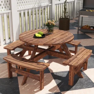 Outsunny Timber 8 Seater Patio Round Picnic Table - Carbonized Tan