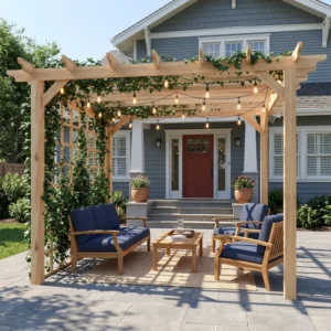 OutSunny 10' x 10' Timber Pergola Kit with Side Trellis Wall - Natural Wood Finish