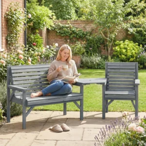 Outsunny Timber Timber Garden Furniture Set (Bench and Chair) with Detachable Table - Grey