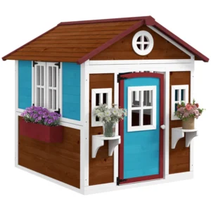 Outsunny Timber 3.5'x4' Wendyhouse Playhouse with Plant Pot Boxes- Dark Brown