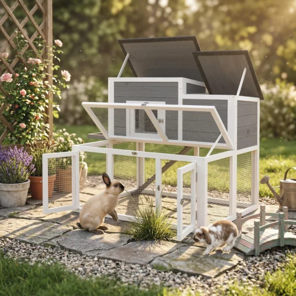 Outsunny PawHut Timber Rabbit Hutch – Grey and White → ShedMaster UK ...