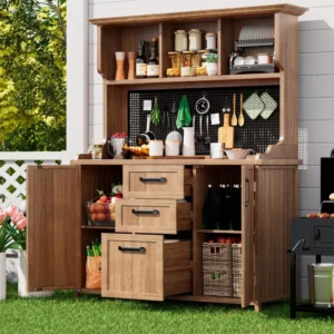 Outsunny Timber Freestanding Outdoor Cupboard with Drawers -  Natural
