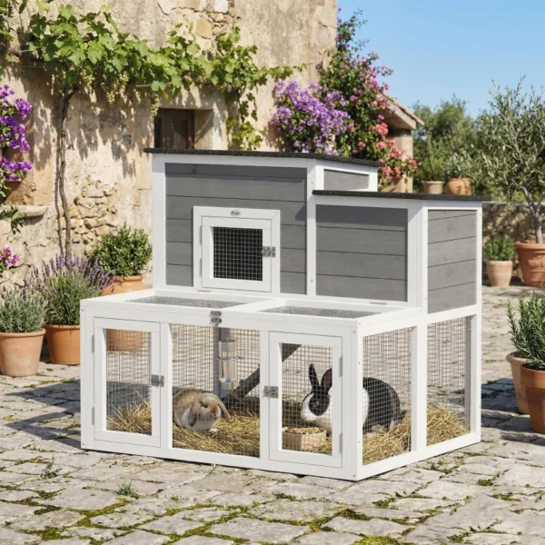 Outsunny PawHut Timber Rabbit Hutch – Grey and White → ShedMaster UK ...