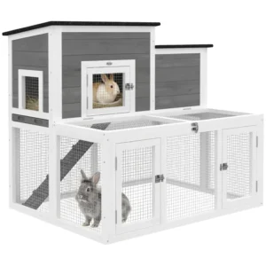 Outsunny PawHut Timber Rabbit Hutch - Grey and White