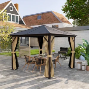 Outsunny 10'x 10' Metal Hardtop Gazebo with Curtains - Brown