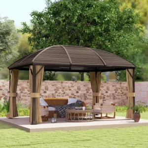 Outsunny 10'x13' Aluminium Hardtop Gazebo Canopy with Curved Metal Roof - Brown