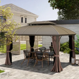 Outsunny 12x10 Aluminium Double Roof Hardtop Steel Gazebo Canopy with Aluminium Frame - Coffee