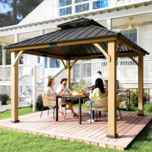 Outsunny 11'x11' Hardtop Metal Gazebo Canopy with 2-Tier Roof and Solid Wood Frame - Black