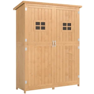Outsunny 1.6'x 4.1' Fir Timber Door Garden Storage Cabinet with Windows- Natural