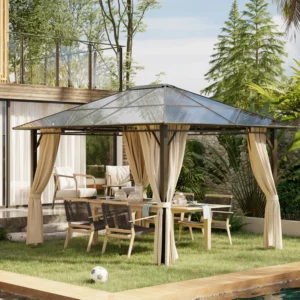 Outsunny 10'x 12' Hardtop Gazebo Canopy with Polycarbonate Roof Garden Pavilion - Brown