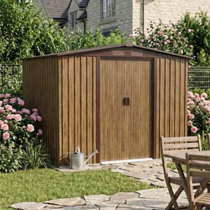 Living and Home 8x6 Metal Apex Shed with Foundation Grid - Wood Grain Brown (Coming Soon)