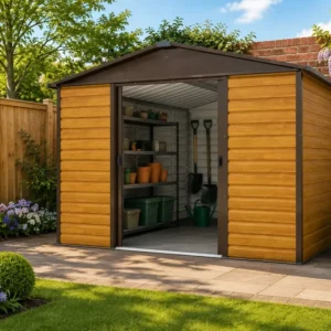Yardmaster 10′ x 12′ Apex Metal Shed – Teak Wood (Coming Soon)