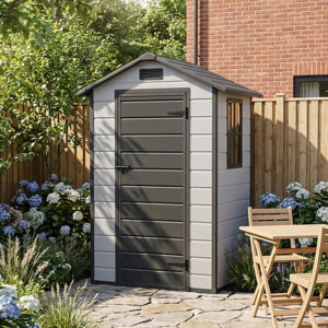 Living and Home 4x3 Plastic Storage Shed -Smokey Grey Wood Grain and Black