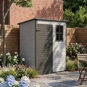 Living and Home 5x3 Plastic Pent Storage Shed - Smokey Grey Wood Grain and Black