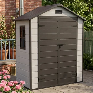 Living and Home 6x4 Apex Plastic Shed - Smokey Grey Wood Grain and Black
