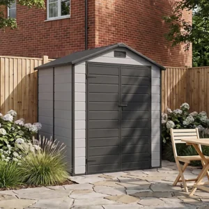 Living and Home 6x6 Plastic Apex Shed - Smokey Grey Wood Grain and Black