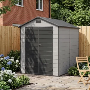 Living and Home 6x8 Plastic Apex Shed - Smokey Grey Wood Grain and Black