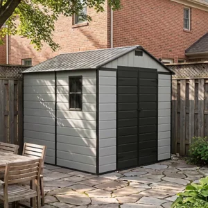 Living and Home 7.5x8 Apex Plastic Shed - Smokey Grey Wood Grain and Black