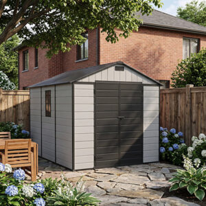 Living and Home 8x10 Plastic Apex Shed - Smoky Grey Wood Grain and Black (Coming Soon)