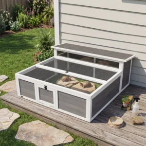 Outsunny PawHut Wooden Tortoise Enclosure with Clear Observation Window - Dark Grey / White