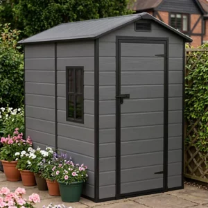 Living and Home 4x6 Plastic Shed Outdoor Garden Storage Shed - Dark Grey Wood Grain and Black