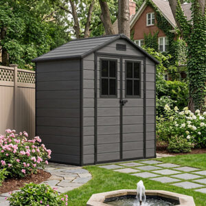 Living and Home 6x4 Plastic Apex Shed With Window Doors -  Dark Grey Wood Grain and Black (Coming Soon)