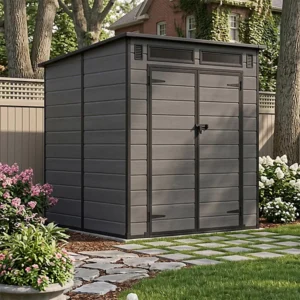 Living and Home 6x6 Plastic Pent Shed with Front Skylight – Dark Grey Wood Grain (Coming Soon)