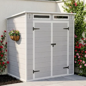 Living and Home 6x4 Plastic Pent Shed with Front Skylight - Smokey Grey Wood Grain (Coming Soon)