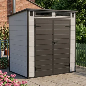 Living and Home 6x4 Plastic Pent Shed with Front Skylight - Smokey Grey Wood Grain and Black (Coming Soon)