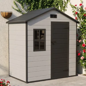 Living and Home 6x4 Plastic Apex Shed With Front Window -  Smokey Grey Wood Grain and Black (Coming Soon)