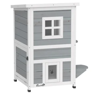 Outsunny PawHut 2 Floor Wooden Cat House with 3 Doors - Grey