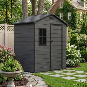Living and Home 6x4 Plastic Apex Shed With Front Window - Dark Grey Wood Grain (Coming Soon)