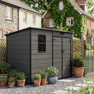 Living and Home 8x4 Plastic Pent Shed with Additional Side Door - Dark Grey Wood Grain (Coming Soon)